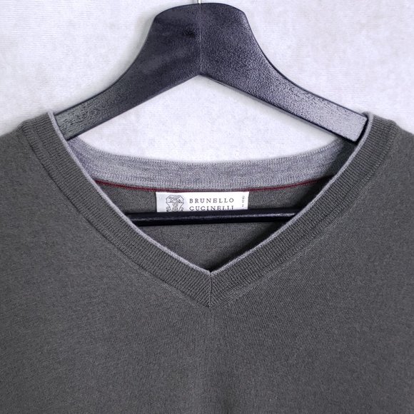 Brunello Cucinelli Wool Cashmere Men's Sz 54 V-Neck Knit Pullover Sweater Olive - Picture 4 of 10